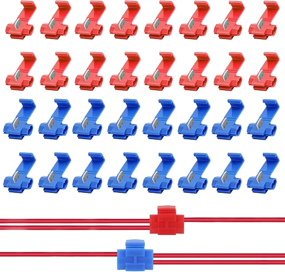50 PCS Quick Splice Electrical Wire Connectors Set, T-Tap Cable Splic for 14-22 AWG Wires, Branch Connector, for Motorcycle, Automotive and Home Wiring Projects, Red, Blue(0.5-2.5 mm²)