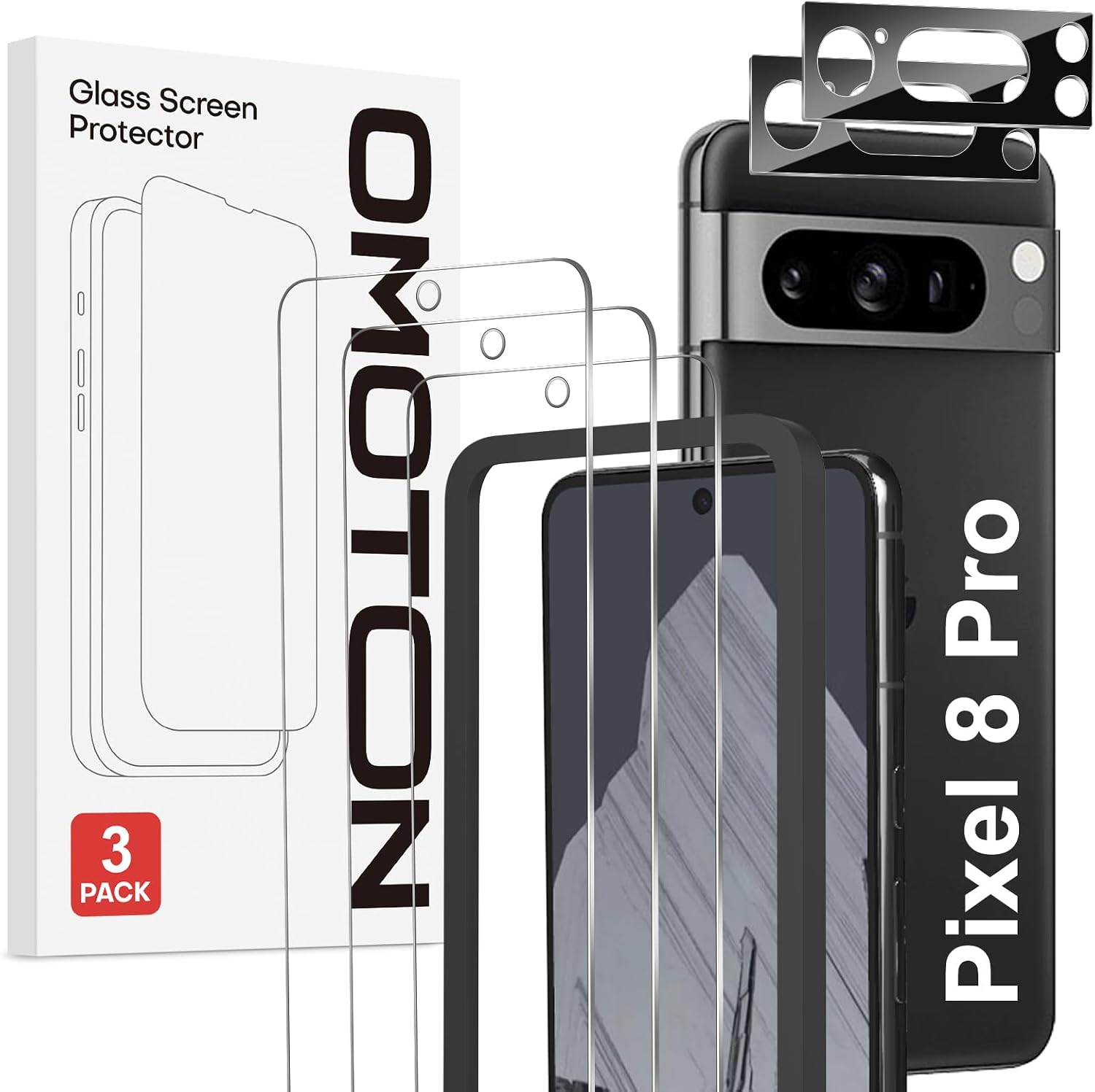 OMOTON 32 Pack Google Pixel 8 Pro Screen Protector with Camera Lens Protector, Tempered Glass Film for Google Pixel 8 Pro, Support Fingerprint Unlock, Anti-Scratch, 9H Hardness, HD Clear