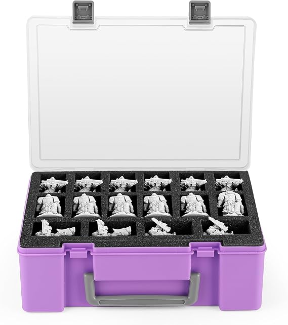 ミニチュア収納キャリーフィギュアケース - 32スロットのフィギュアミニチュアキャリーケース 2つのフォームレイヤー付き 40k、dndなどに対応パープル