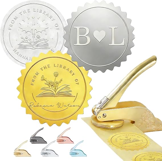 Custom Logo Book Embosser Stamp Personalised Book Stamp for Books, Cards, Documents Library Seal Design, Wedding, Graduation, Work, Book Lovers, Writers Office Gift