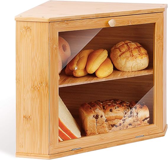 Corner Bamboo Bread Bin Double Decker Kitchen 12.6"x12.6"x13.4" Natural