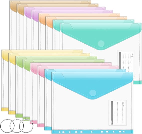 Agoer 16Pcs Plastic Wallets A4+,Widen Polly Pocket A4 with 11 Holes for 2/3/4 Ring Binder,8 Colours Punched Pockets,Document Wallet Folders with Hook and Loop Closure for Home,Office and School