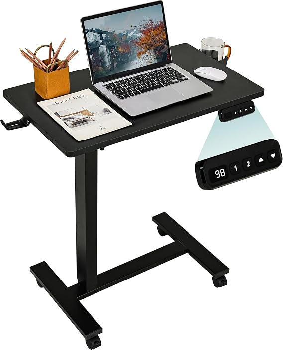Electric Overbed Table with Wheels, Height Adjustable Bedside Sofa Recliner Side Table, C Shaped Rolling Standing Small Laptop Desk for Home Office, Black