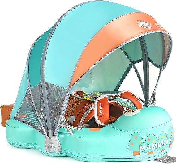 Mambobaby マンボベイビー 空気注入式ベビープールフロート 尻尾とキャノピー付き UPF 50+ 日焼け防止 フリップオーバーなし 乳児用浮き輪 肌に優しいマンボフロートスイムトレーナー ソリッドベビースイミングリング