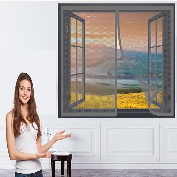 Fly Screen Mosquito Net for Windows 134 x 200 cm(53 x 79inch) Mosquito Net for Windows Mosquito Bug Protection Without Drilling Easy to Install Window Screen Mesh for Windows Doors, Grey