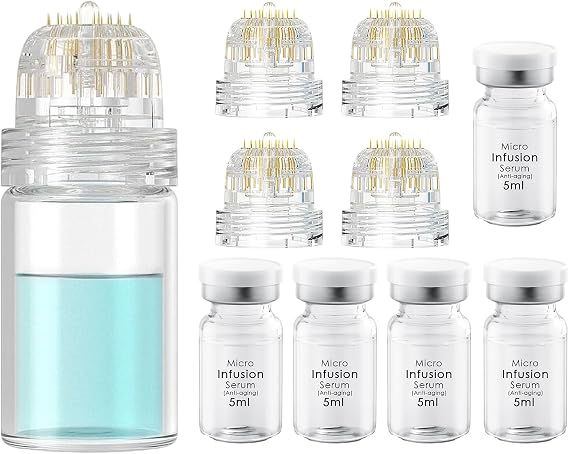 Microneedling Infusion System Set, Micro Needle Set Includes Hydra Needle 0.5mm (1 Unit), 4 Replacement Needle Heads and Anti-Aging Serum Ampoules 5ml X 5