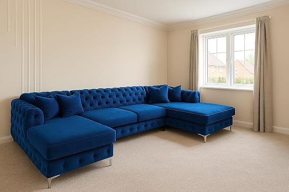Sofaya Bella U Shaped Chesterfield Sofa Full Back Sectional Chaise Sofa with Deep Button Tufting – Upholstered Fabric Couch with Cushions - 6-Seater Sofa for Living Rooms (Blue, Fabric Sample)