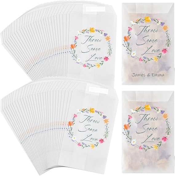 50 Wedding Confetti Bag, Glassine Envelope Party Favour, Flower Style