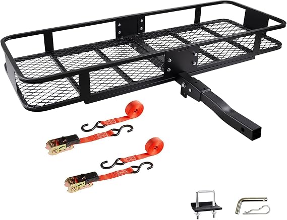 Folding Hitch Mount Cargo Carrier Basket 60x20x6” Rear Luggage Rack Basket,500LBS Capacity,Hitch Mount for 2" Receivers,Powder Coating,Heavy Duty, Durable,Easy Assembly,Straps Stabilizer
