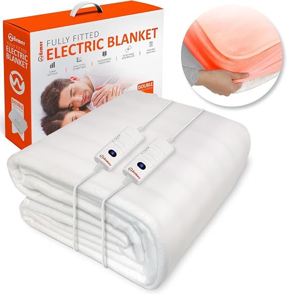 Wärmer Electric Blanket Double Size - Dual Control, Fully Fitted Mattress Cover with Elasticated Skirt, 3 Heat Settings, 2 X Detachable Controllers - 193 X 137cm Double