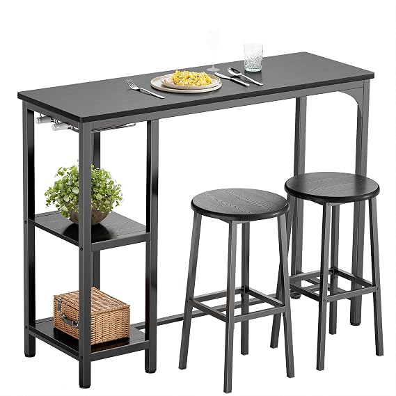Bealife Bar Table and Stools Set of 2, Pub Table Set with 2 Shelves and Glass Holder, Kitchen Bar Table Set for Kitchen, Living Room, Dining Room (Black)