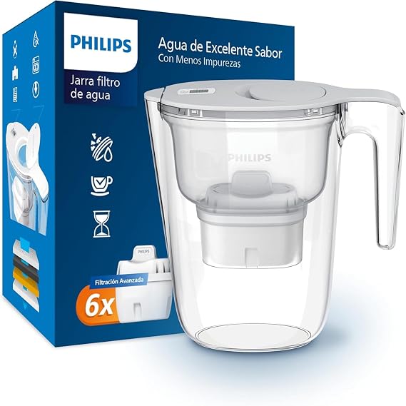 Philips Water Pitcher Filter + 6 Replacement Filter Cartridges, Advanced Filtration, Fast Flow, Electronic Timer, Filters CHLORINE, CAL, Heavy Metals & MICROPLASTIC, 2.6L Capacity