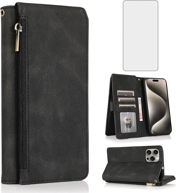 Compatible with iPhone 15 Pro Max 6.7 inch Wallet Case Screen Protector and Zipper Leather Flip Cover Card Holder Stand Cell Accessories for iPhone15promax 5G i Phone15Max Plus iPhone15 ProMax Black