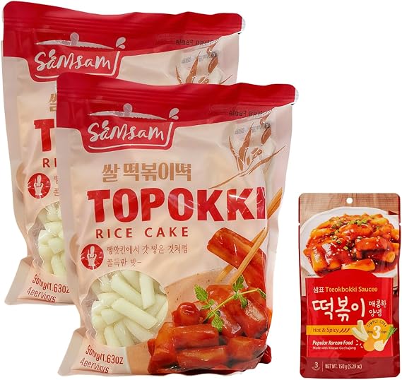 Samsam Topokki Rice Cake (2 x 500g) + Hot & Spicy Tteokbokki Sauce (1 x 150g) Bundle - Korean Traditional Spicy Rice Cake Kit