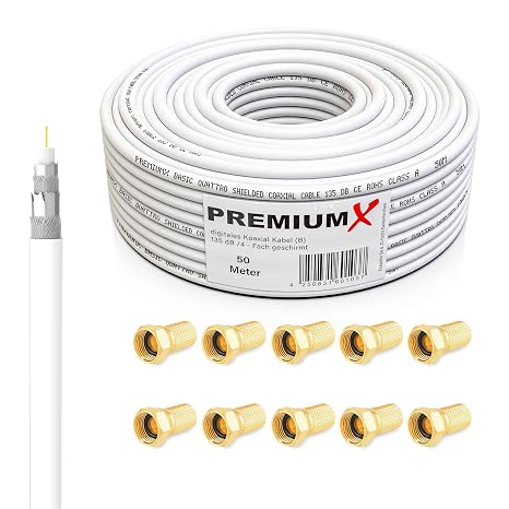 PremiumX BASIC 50m Coaxial Cable - Perfect Reception with 135dB Quad Aluminum Shielding - Compatible with DVB-S/S2, DVB-C, DVB-T, BK Installations - Includes 10 F-Connectors