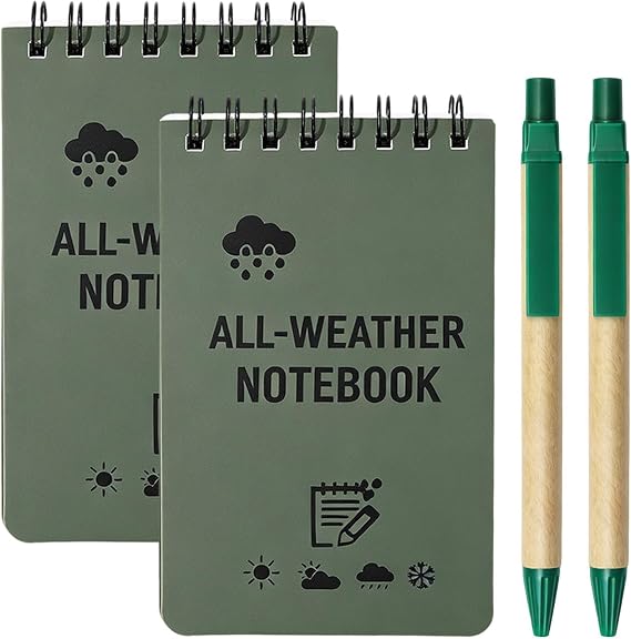 2 Pack Waterproof Notebook with Top-Spiral, Green Pocket Waterproof Notepad, All-Weather Mini Notebook with 2 Kraft Paper Pens for Office, Outdoors, School