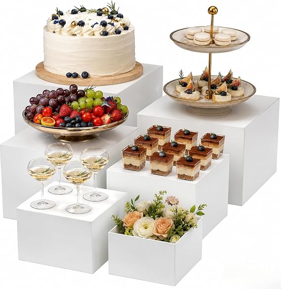 Buffet Risers, 6 Piece Acrylic Plinth Set,Cake Stands, White5-10Inch