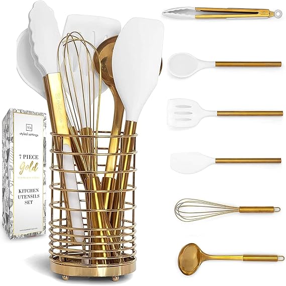 Styled Settings Weißes Silikon Küchenhelfer Set Gold 7-teilig mit Halter