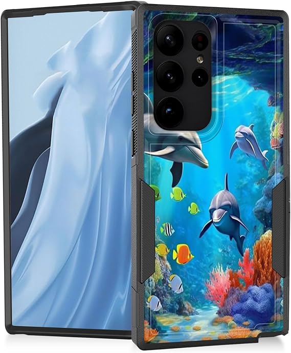 Galaxy S23 Ultra用ケース 高耐久 デュアルレイヤー ハイブリッド ハード PC ソフトラバー 耐衝撃 保護 頑丈 バンパーケース Samsung Galaxy S23 Ultra 5G 6.8インチ用 水中ワールドドルフィン