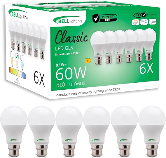 BELL Lighting B22 Dimmable LED GLS Bulbs Natural White 8.1W 810lm 6 Pack [Energy Class E]