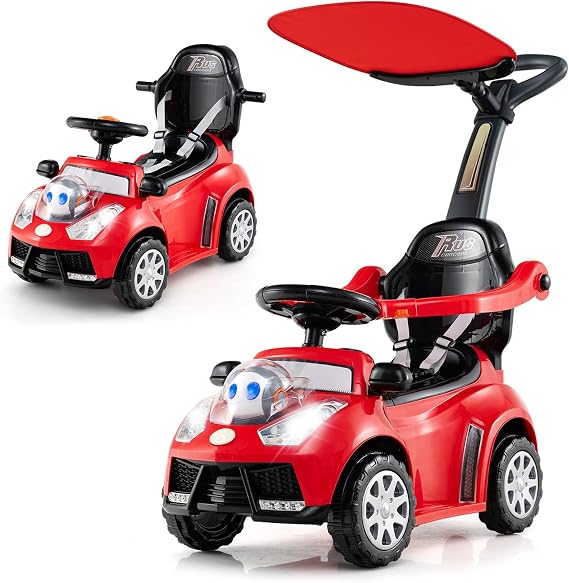 COSTWAY Ride on Push Car, 3 in 1 Baby Foot to Floor Slider with Removable Push Handle & Guardrail, Adjustable Canopy, Horn, Music, Light, Underneath Storage, for 12-36 Months (Red)