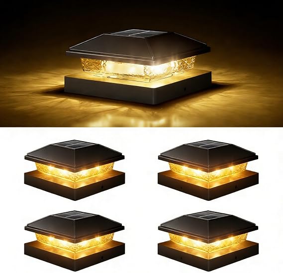VOLISUN Solar Post Cap Lights 4 Pack, 4x4 Deck Fence Post Solar Lights Outdoor with Warm White Lighting, Waterproof Solar Lights for Vinyl/Wood Posts to Decorate Fence, Deck, Garden, Patio [Energy Class C]