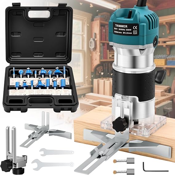 Palm Router Tool, Woodworking Hand Wood Router 800W 30000RPM with Trimmer Base, Handheld Power Wood Compact Trim Router with 15pcs 6.35mm Router Bit Set for DIY, Woodworking, Slotting