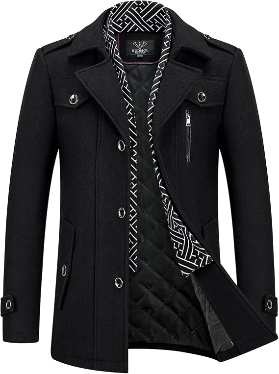 Men's Winter Coat Wool Short Coat Stand-Up Collar Wool Coat Medium Length for Business Leisure Peacoat