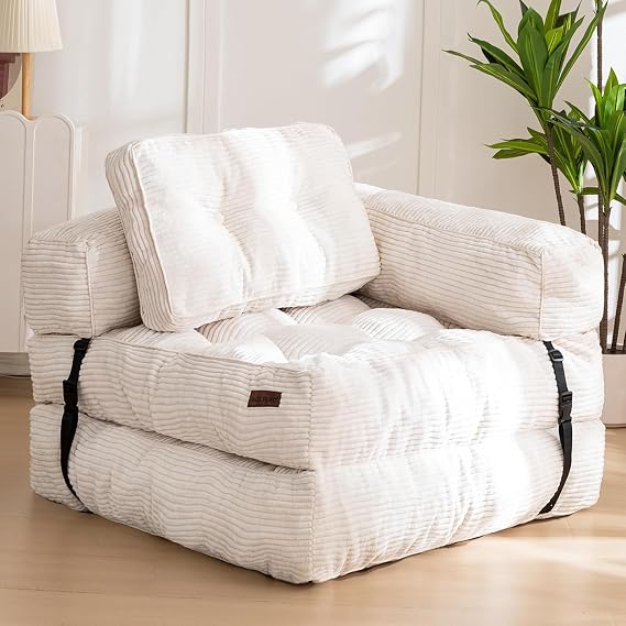 MAXYOYO Foldable Sofa Bed,Bean Bag Couch Convertible Sleeper Chair with Armrest L-Shaped Floor Lounge Sofa with Pillow Portable Lounge Seat for Bedroom & Living Room