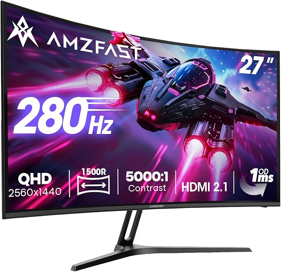 Amzfast Gaming Monitor Curved 27 Inches 280 Hz QHD 2560 x 1440 HDMI 2.1
