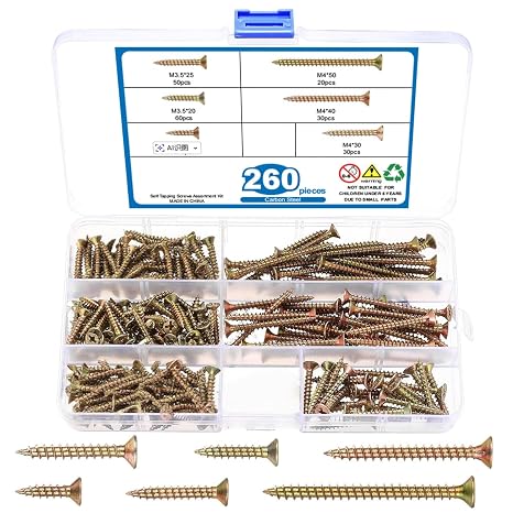 260pcs Self Tapping Screws Assortment Kit M3.5-M4 Carbon Steel Countersunk