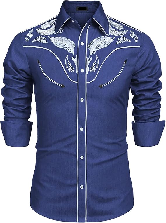 Mens Western Shirts Men's Cowboy Shirt Long Sleeve Button Up for Men Urban Embroidered Floral Dress Print Cow Boy Disco Wear Style