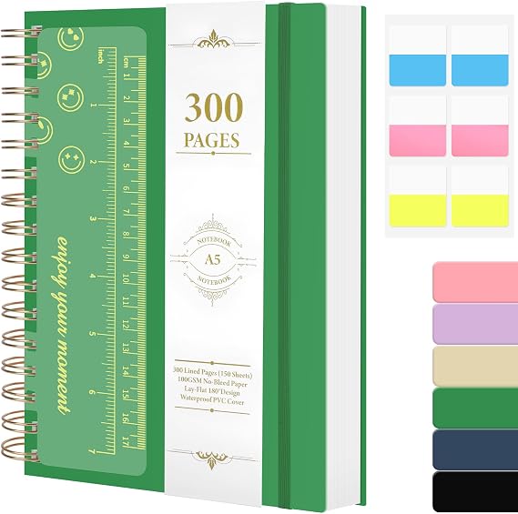 Spiral Notebooks, A5 Notebook with 300 Pages, Notepad with Hardcover Includes Sticker Sheet 100 g/m² Lined Paper Elastic Bands for Writing, Working, Studying (Green)