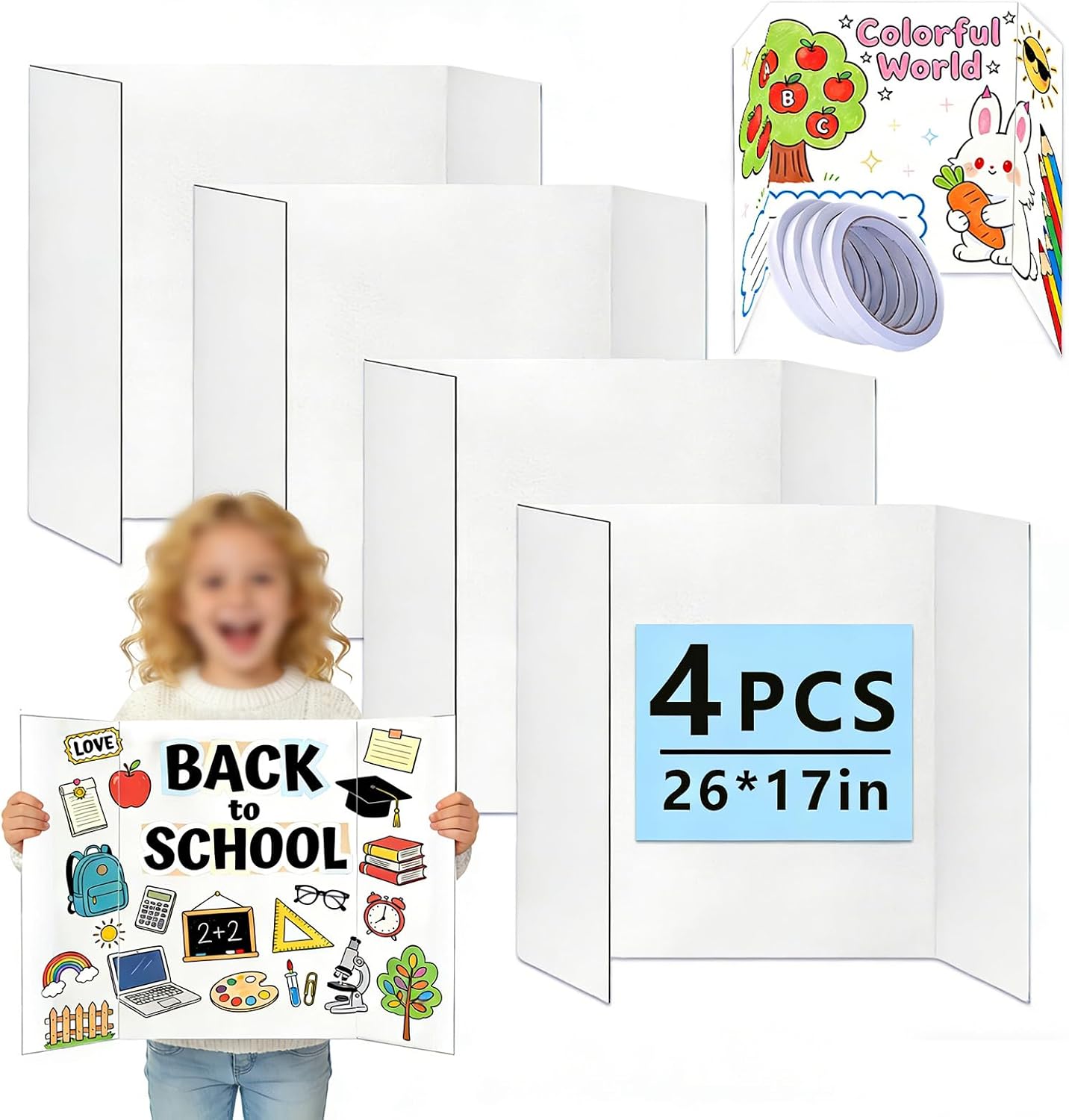 KISOY Tri-Fold Poster Board, Display Board for School Projects and Presentations 4, 26 x 17 inches