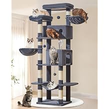 Taoqimiao Cat Tree, 193cm Large Cat Tree for Big Cats Sturdy Cat Towers for Indoor Cats with 8 Scratching Posts, 2 Widened Cat Condo, Spacious Platform,Hanging Baskets, Hammock, Smoke Grey MS046G