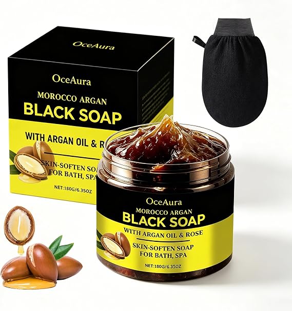 Moroccan Exfoliating Black Soap 180g, Moroccan Black Soap with Argan and Rose, Moroccan Body Scrub, Organic Moroccan Black Soap with Exfoliating Glove for Soft Skin