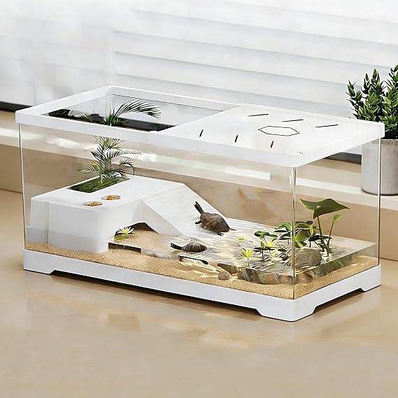 Turtle Fish Tank with Basking Platform and Bottom Drainage, 11.8" x 7" x 7.3" Aquatic Turtle Tank for Juvenile Turtle, Crayfish, Crabs, Amphibians, Reptiles White color