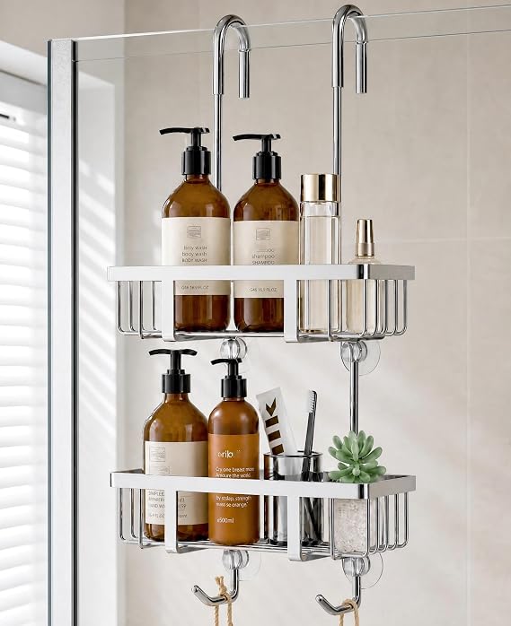 Josmimic Shower Caddy Hanging 2 Tier Over Door Drill Free Bathroom Shelf Shower Organiser, Silver Rustproof