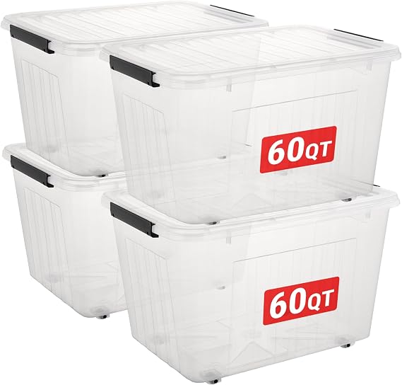 Cetomo 60Qt*4 Plastic Storage Bins, Clear Lidded Storage Box with Wheels, Stackable, 60Quart, Set of 4