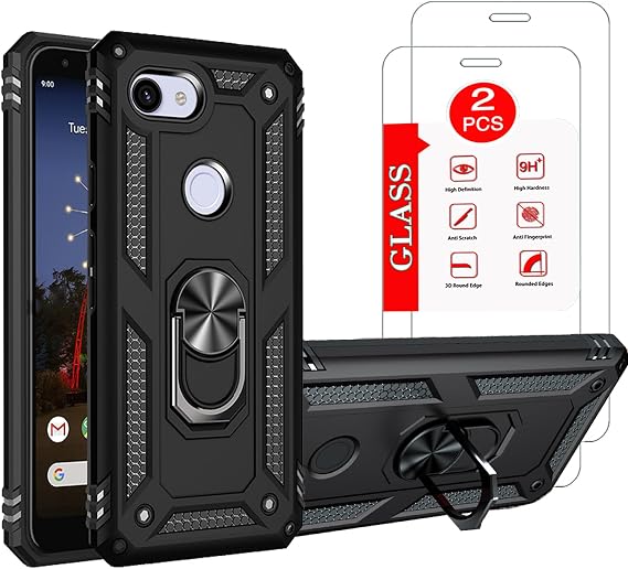 Google Pixel 3A用ケース 2枚パック 強化ガラススクリーンプロテクター、Google Pixel 3A用ヘビーデューティーアーマーミリタリーグレード保護、磁気リングスタンド電話ケース ブラック