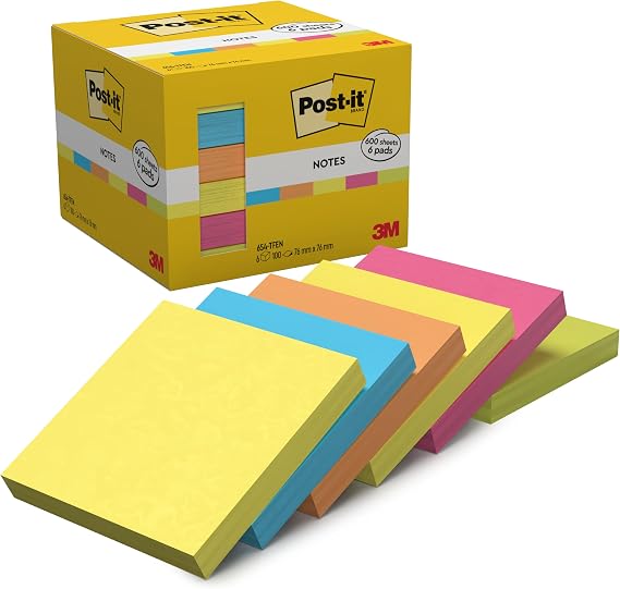 Post-it Notes, 6 Pads (600 Sheets), 76 mm x 76 mm, Assorted Colours