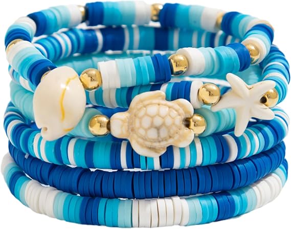 Boho Beaded Bracelets for Women, Shell Starfish Turtle Bracelet Stack, 6 Pcs Girls Bracelets, Clay Stretch Bracelet, Summer Jewellery Beach Accessories, Vacation Party Birthday Gift, Blue White