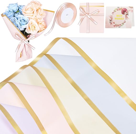 25 Sheets Flower Wrapping Paper with Ribbons and Cards, 5 Colors Waterproof Bouquet Wrapping Paper for Valentine's Day DIY Birthday Wedding Gift Wrapping