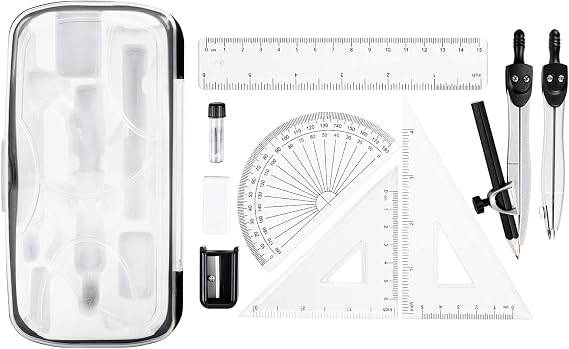 Amazon Basics 10 Piece Math Kit with Compass Graphite Pencil Eraser Sharpener Protractor Triangle Ruler Case