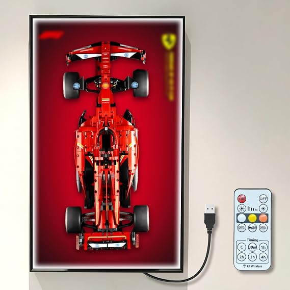Display Frame Compatible with Lego SF-24 F1, LED Light with 3 Colour Temperatures & Remote Control, Wall Mount Board for 42207, 29.5x17.7 In for Home/Office Collection (Excluding models)