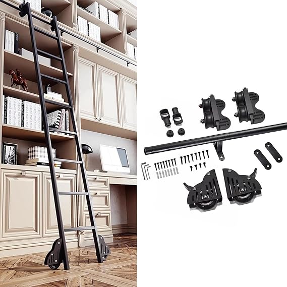 Retractable Rolling Library Ladder Hardware Kit - 16ft Metal Sliding Ladder Track with Floor Roller Brakes, Mobile Round Tube Design for Home & Office Use