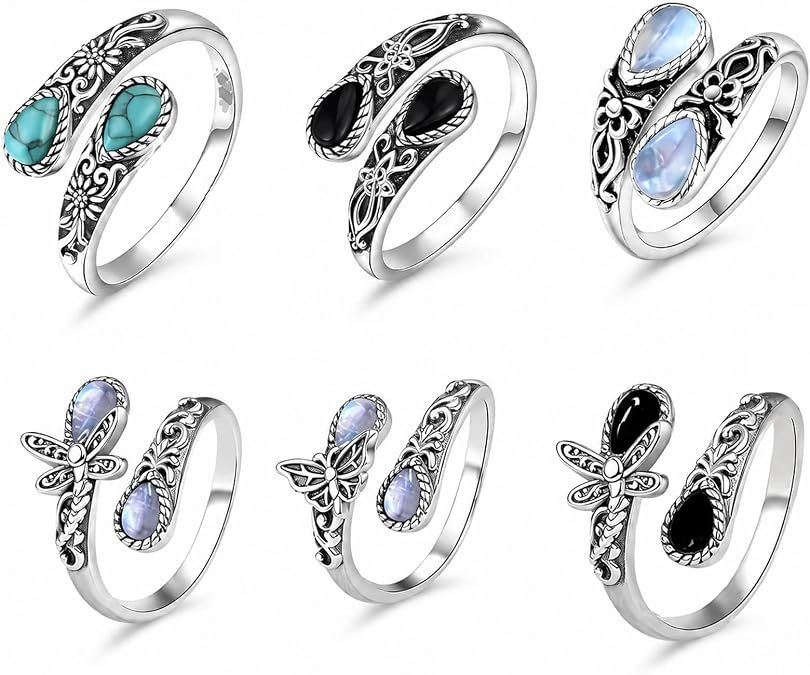 Moonstone Ring, Adjustable Vintage Moonstone Ring for Women, Spiritual Jewellery for Daily Wear, Bohemian Style Fashion Accessory, Set of Six Adjustable Rings with Moonstone Gemstones