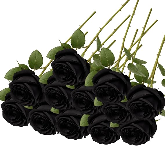 12 Pcs Black Roses, Artificial Black Roses, Single Stem Realistic Silk Rose Bouquet, DIY Decoration for Home, Living Room, Garden, Wedding, Party