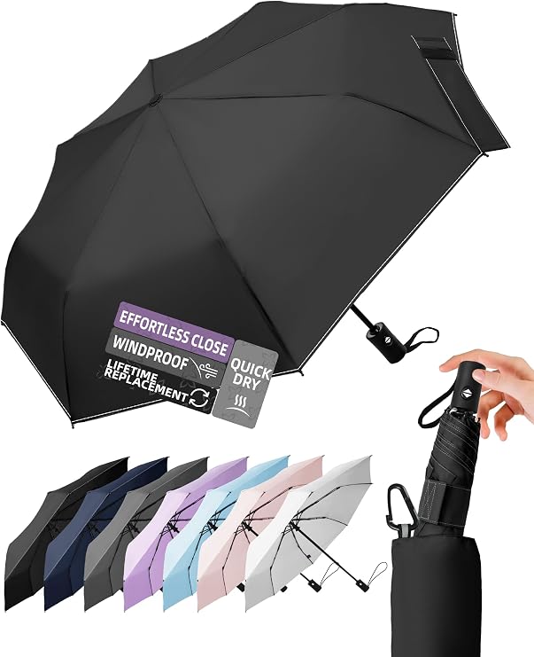 LILAC Windproof Automatic Umbrella, Strong 8 Ribs Compact Travel Brolly