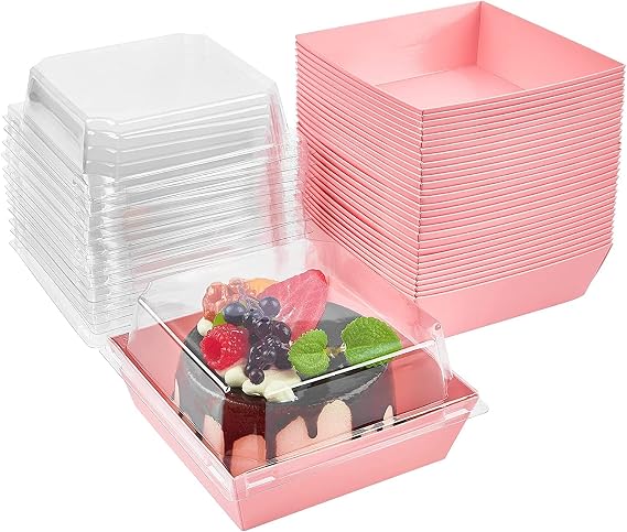LATERN 50 Pieces Cake Slice Boxes with Transparent Lids, 12 cm Oil-proof Paper Dessert Boxes Cupcakes Take Out Boxes for Sandwich Cookies Macaron Bakery (Pink)